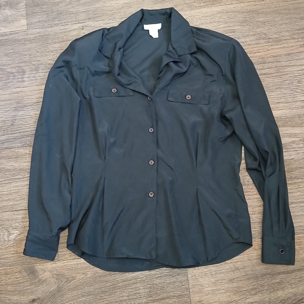 Vintage Christian Dior Long Sleeve Black Button Down Blouse.
